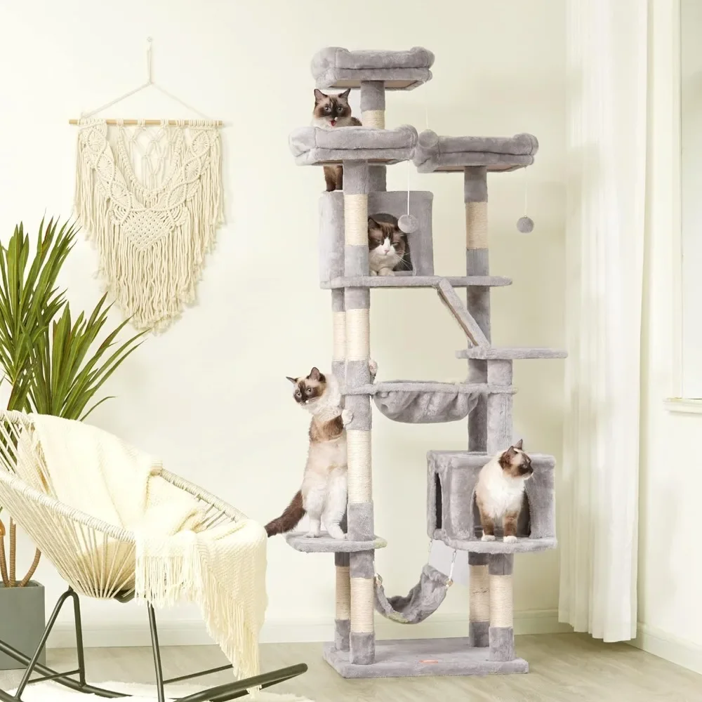 Cat Tower, with padded plush habitat, basket and scratching column, equipped with hammock and plush ball, cat tree