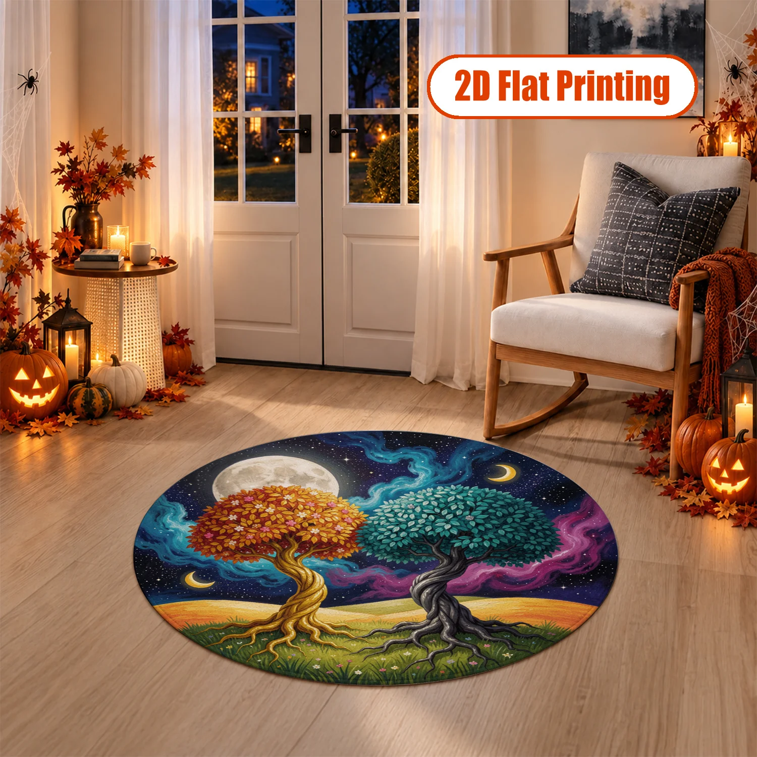 Starry Night Two Trees Round Velvet Soft Durable Area Rug, Machine Washable, Secure Placement, Suitable for Living Room, Bedroom, Dining Room, Ideal for Halloween, Thanksgiving, Christmas, New Year Home Decor