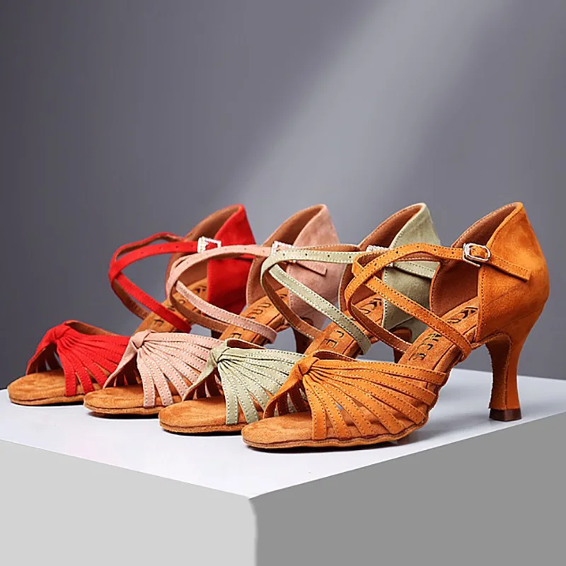 성인 여성을위한 7.5cm 여름 라틴 댄스 신발 부드러운 밑창 편안한 하이힐 전문 실내 룸바 차차 댄스 신발