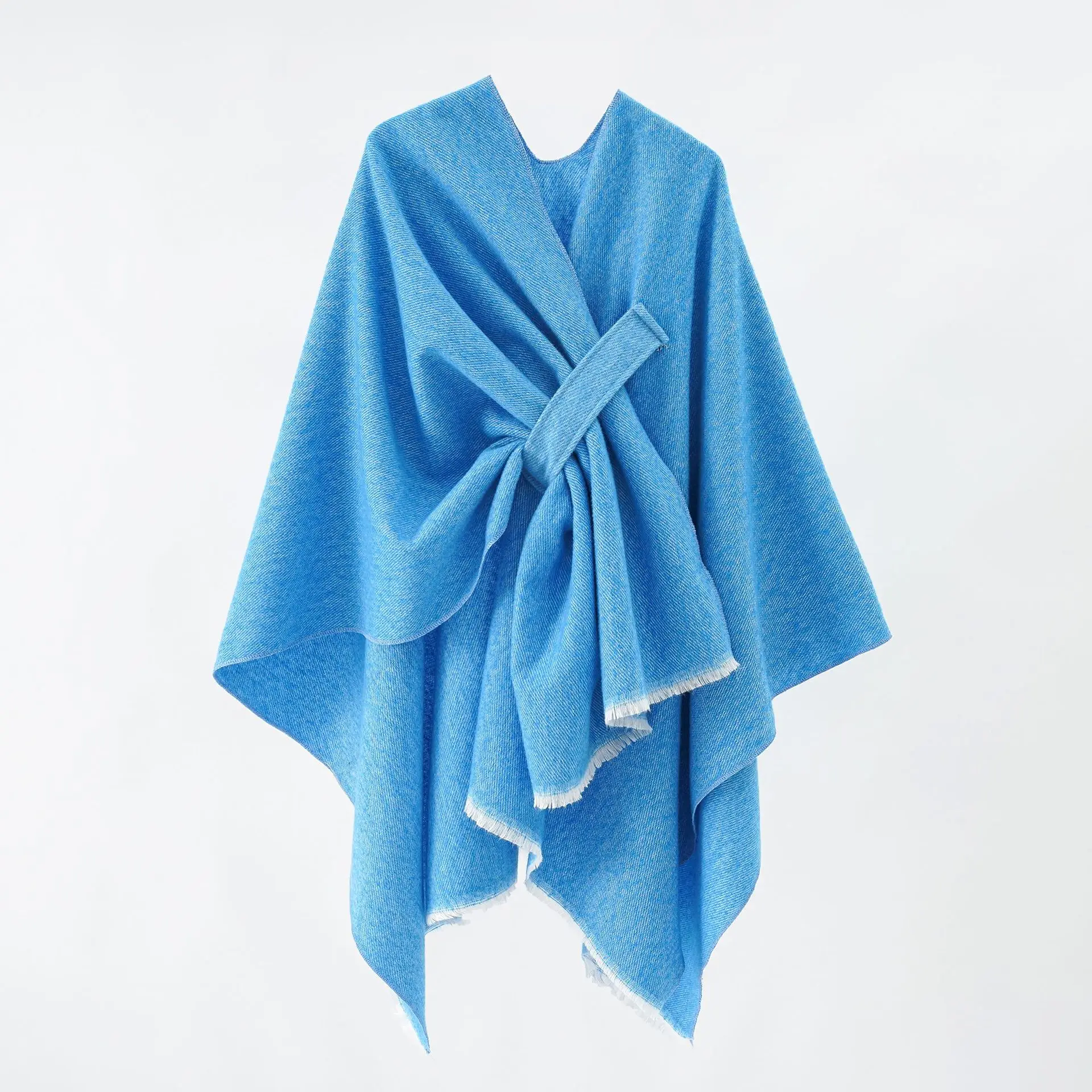 WeHello-Bohemian Striped Split Faux Cashmere Shawl, European and American Foreign Trade Monochrome Cloak, Plain Shawl