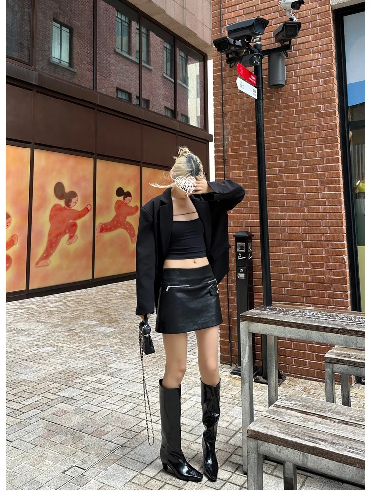 Bla Falda acampanada con cremallera para mujer, falda ortopé de cuero PU adelgazante, informal, a la moda, con soporte, otoño 2025