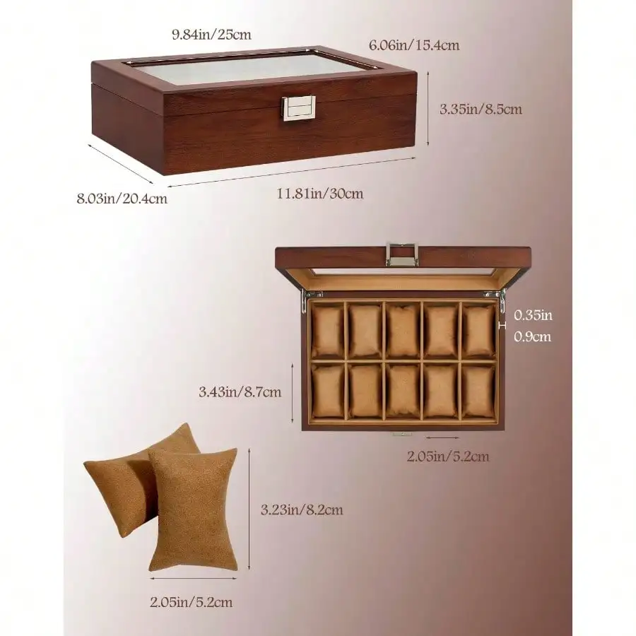 New Watch Box 10 Slot Watch Case With Real Glass Lid Wood Watch Display Case With Cloth Watch Pillow Watch Storage Box For Men And Women Brown view 6