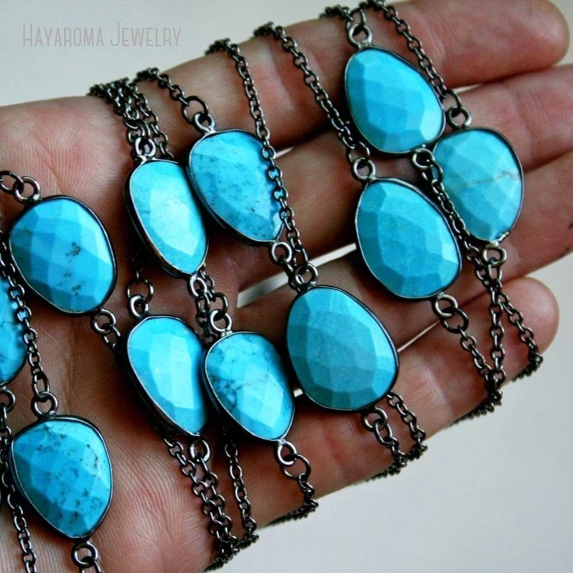 

10Pcs Turquoises Gunmetal Necklace Minimal Blue Howlite Layering Necklace Choker Gemstone Witch Boho Goth Jewelry