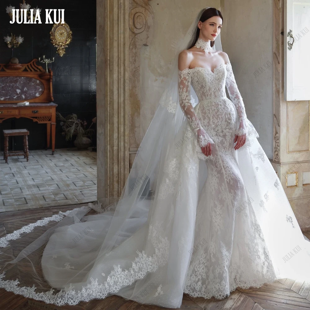 

Julia Kui Elegant Lace Sweetheart Mermaid Wedding Dress Beading Pearls Off Shoulder Full Sleeves 2 In 1 Trumpet Bridal Gowns