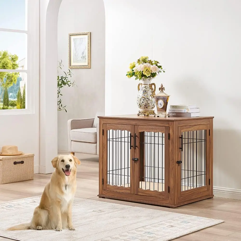 Double Doors Wooden Wire Dog Kennel with Pet Bed, Decorative Pet Crate Dog House