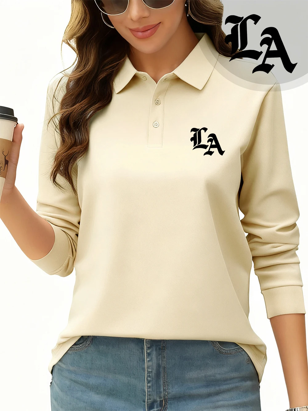 

Letter La Printing Polo Shirts Womens Sporty Long Sleeves T-Shirts Spring Breathable Lapel Tops Casual Basic Womans New Workwear