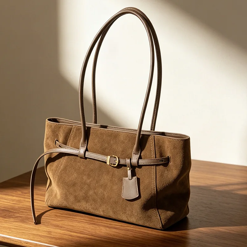 Suede Cowhide Women Tote Bag Vintage Large Capacity Underarm Handbag Magnetic Closure Commuter Shoulder Purse