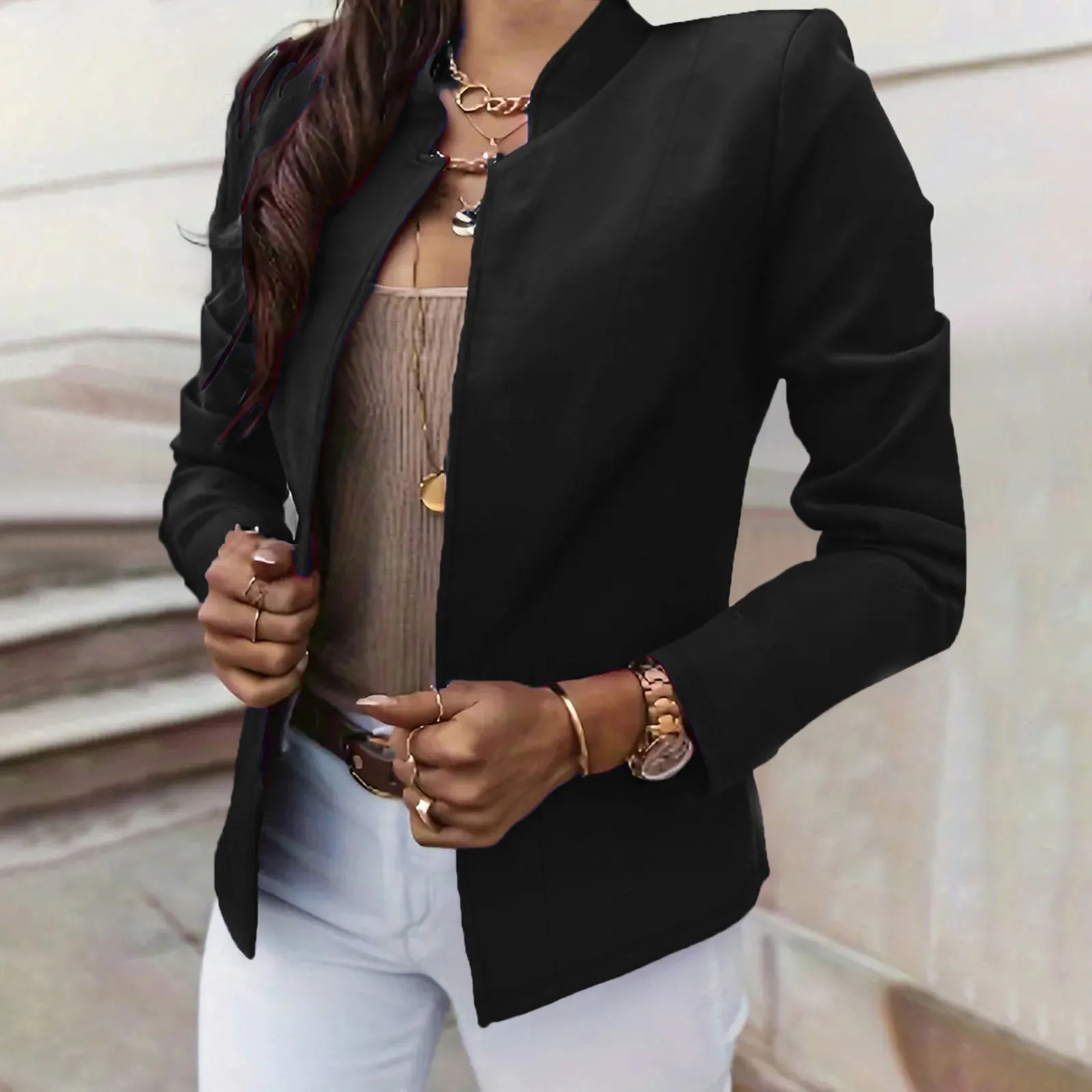 Women's Casual Slim Fit Solid Color Tops Button Long Sleeved Standing Collar Business Suit Jacket Trendy Office Short Suit Coat