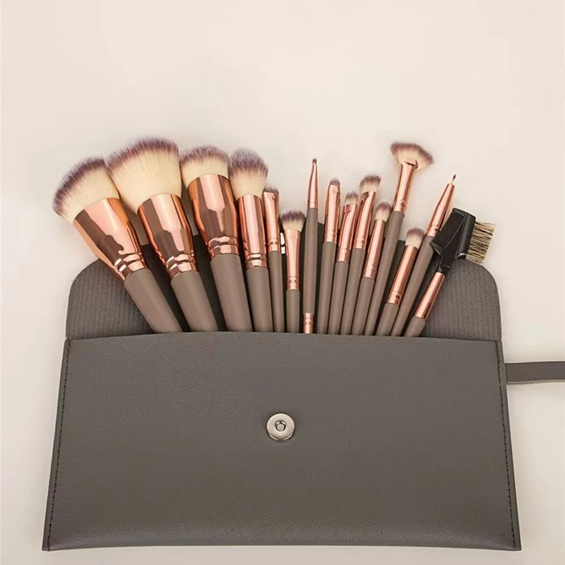 Champagne Gold Full Makeup Brush Set, escova de pó solto, escova de sobrancelha, 15pcs