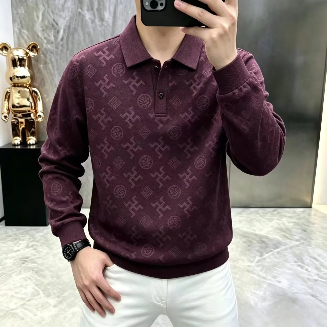 Men Polo Shirt Long Sleeve All Over Print Lapel Collar Slim Fit Business Casual Men Knitted Top Autumn Winter