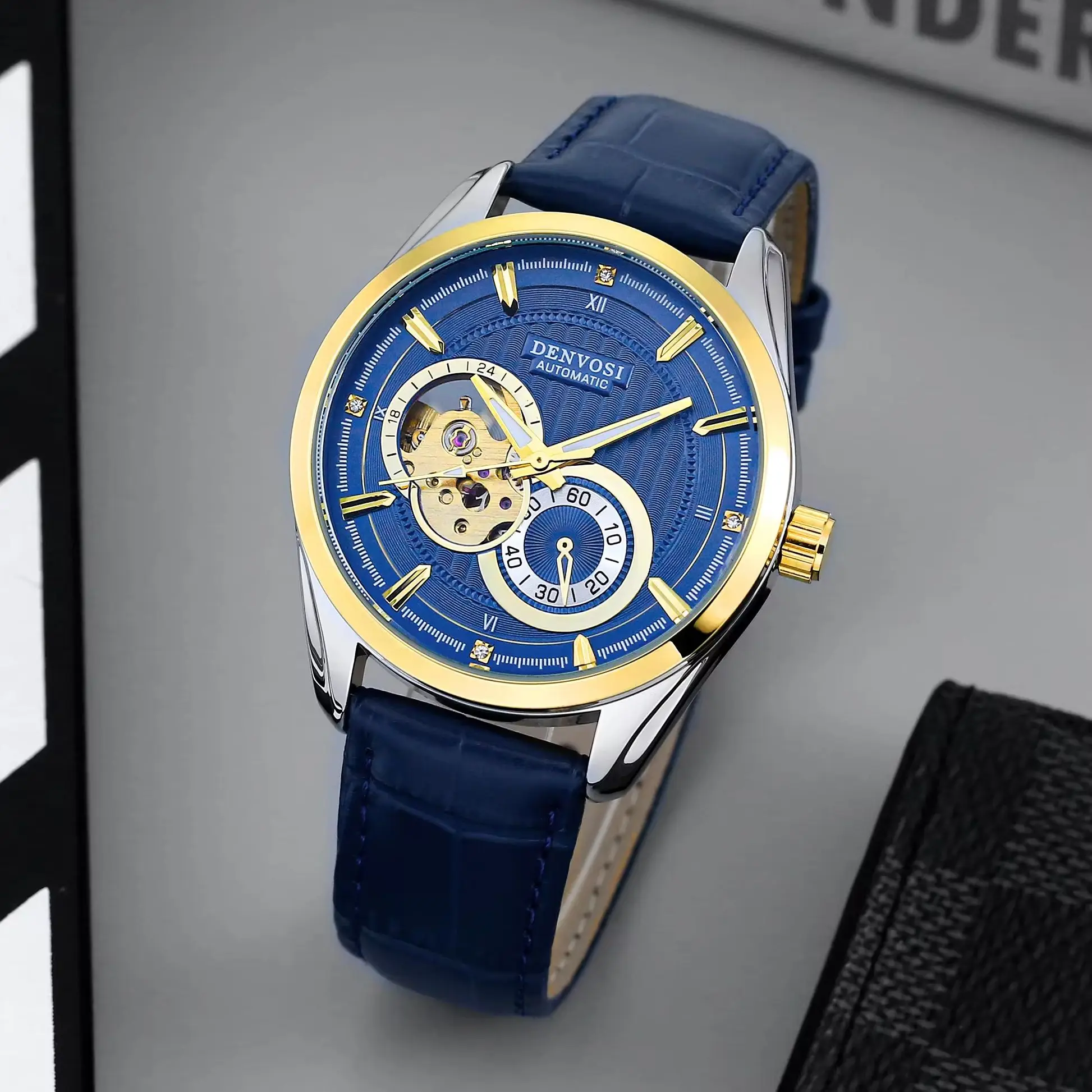 

Автоматические механические часы Denvosi, роскошные изысканные деловые мужские светящиеся водонепроницаемые перфорированные наручные часы с кожаным ремешком