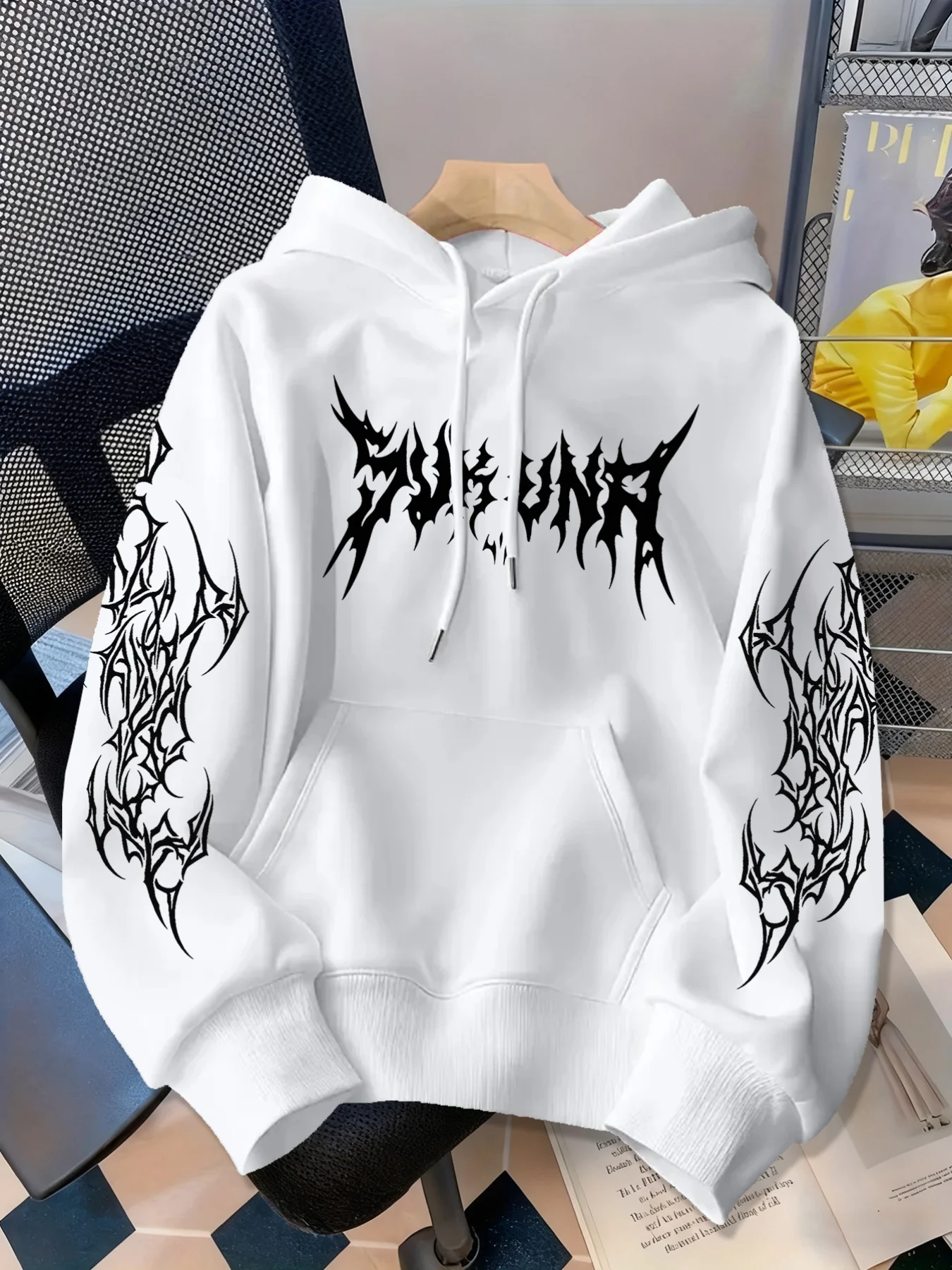 Boston Hoodie - Blue front and back with white pigeon pattern print t-shirt - Retro Gothic style urban streetwear