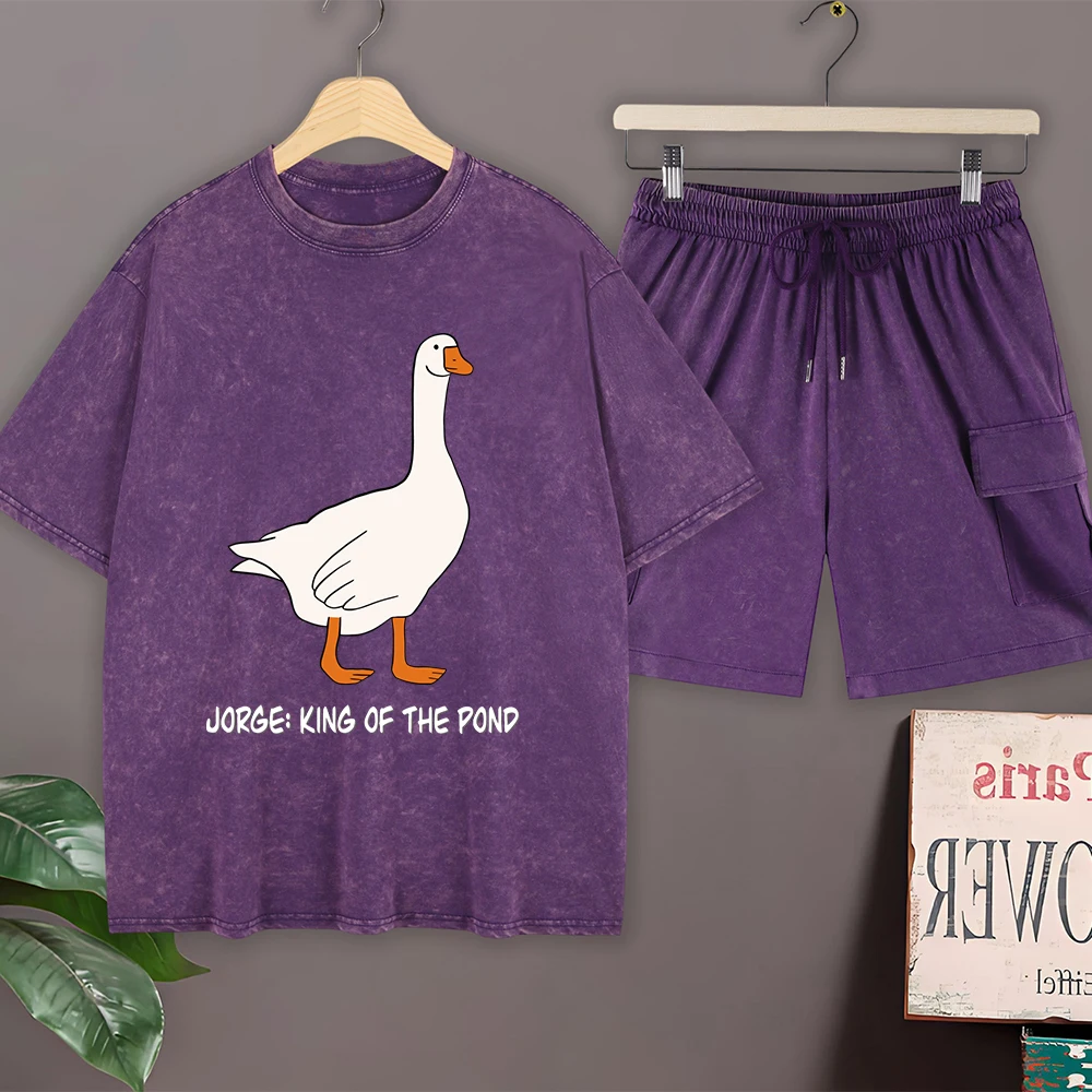 

Комплект мужской одежды Jorge King Of The Pond: хлопковая футболка с эффектом потертости, укороченные брюки, футболка оверсайз с круглым вырезом, летние шорты-карго