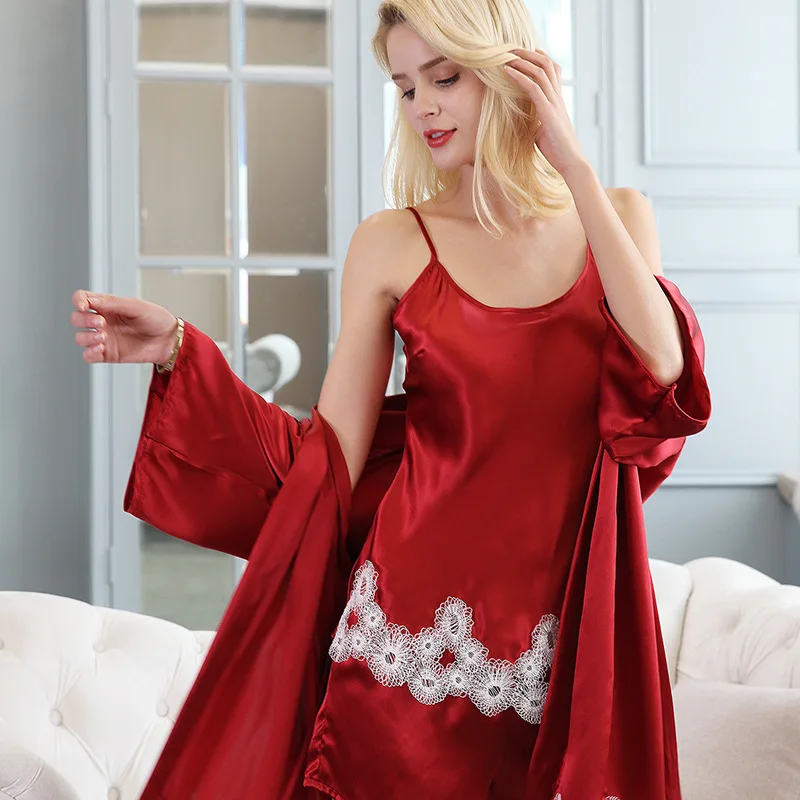 100% Silk 3pcs Satin Pajamas Set with Robe Long Sleeve Lace Trim Cami Top Shorts Pajamas Set Women\'s Pure Silk Pijamas Robe Sets