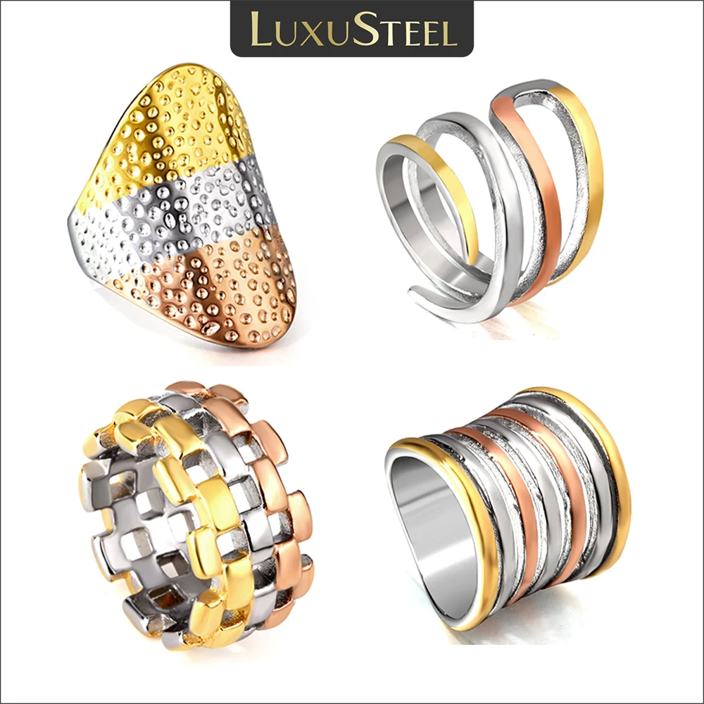 LUXUSTEEL 2023 New Stainless Steel Mixed 3 Colors Rings For Women Men Hollow Striped Colorful Wedding Finger Jewelry Accessories