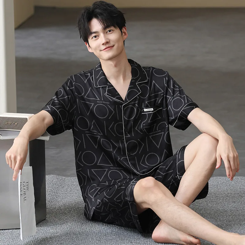 

2 Pieces Set Satin Cardigan Pajamas Set for Men Summer Nightwear Short Sleeves Sleeping Top & Pant Sleepwear Male Pjs Pyjamas