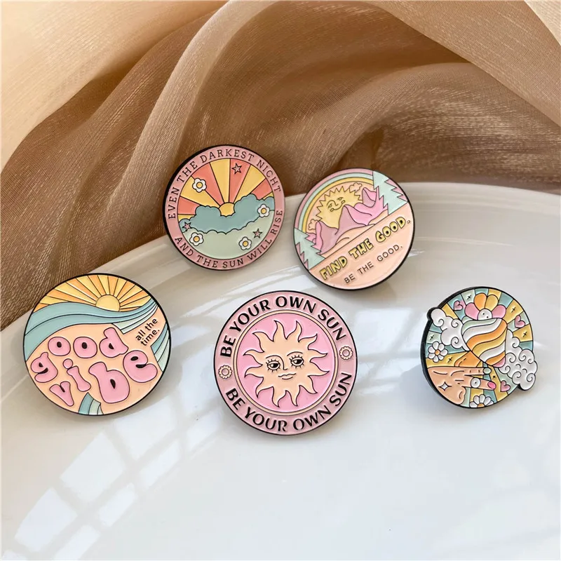 Sweet Pink Rising Sun Round Enamel Pins Cute Mushroom Metal Brooch Be Your Own Sun Sunshine Lapel Badge Friends Gifts