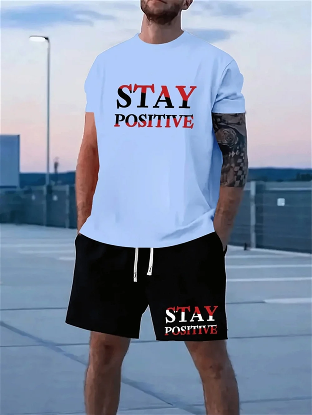 Men's T-shirt Set Summer Casual Cool Outdoor Gradient Monogram Print Short Sleeve And Drawstring Shorts Men's Clothing