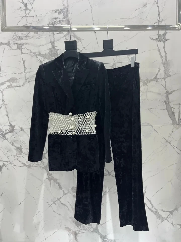 2024SS Spring Luxury Women New Fashion Pearl Velvet Jacket Coat With Long Pants Suits Sets for Female