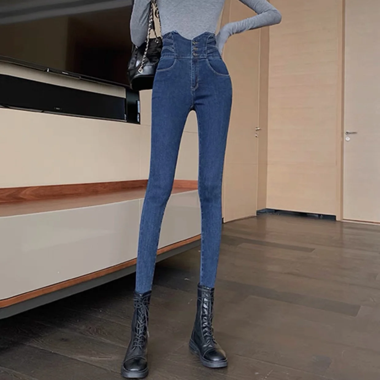 

Vintage High Waist Three Buttons Skinny Pencil Jeans Korean All-match Slim Denim Trousers Classic Ankle-length Women Pants Z182