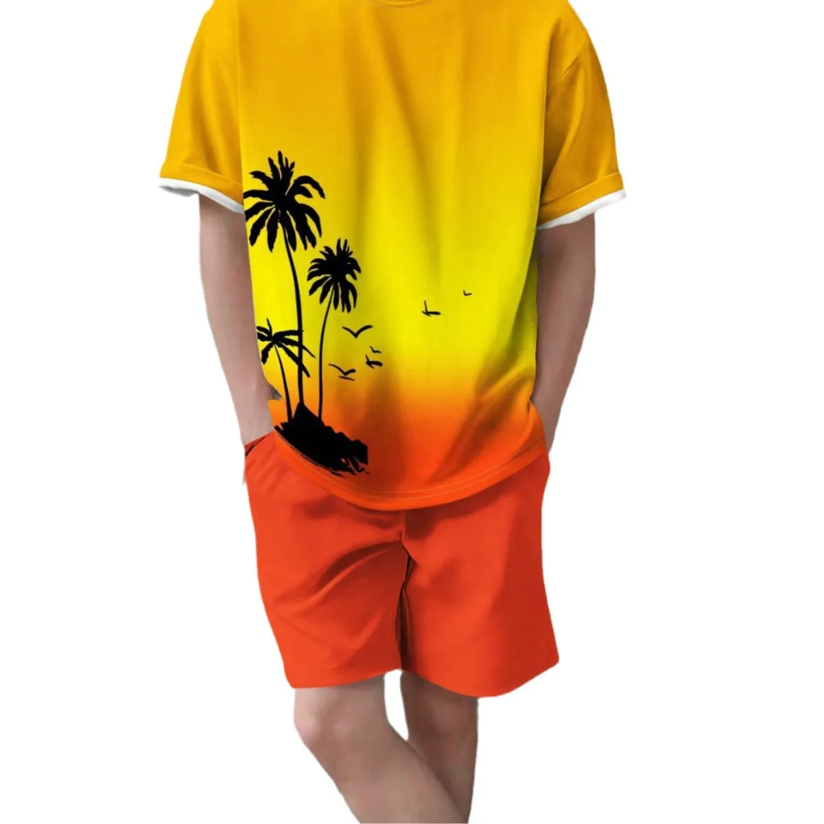 Summer 3D Printed T-shirt Shorts Two-piece Set for Men with Gradient Coconut Tree Pattern Casual Trend Set