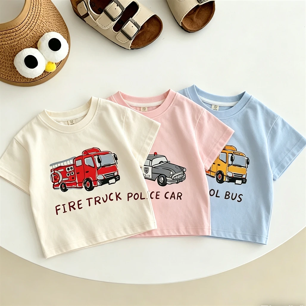 Summer Clothes Boys Trendy TShirt Little Car Printed Tees Short Sleeve Pure Cotton T Shirt Children Thin Cotton Tops Outer Wear