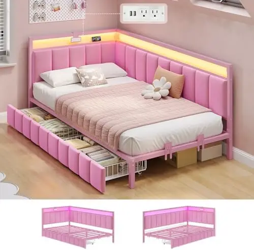 Corner Bed Frame with Storage Drawers, Twin Daybed with Line Fabric Upholstered Fence, Kids Bed Unit with LED Light and