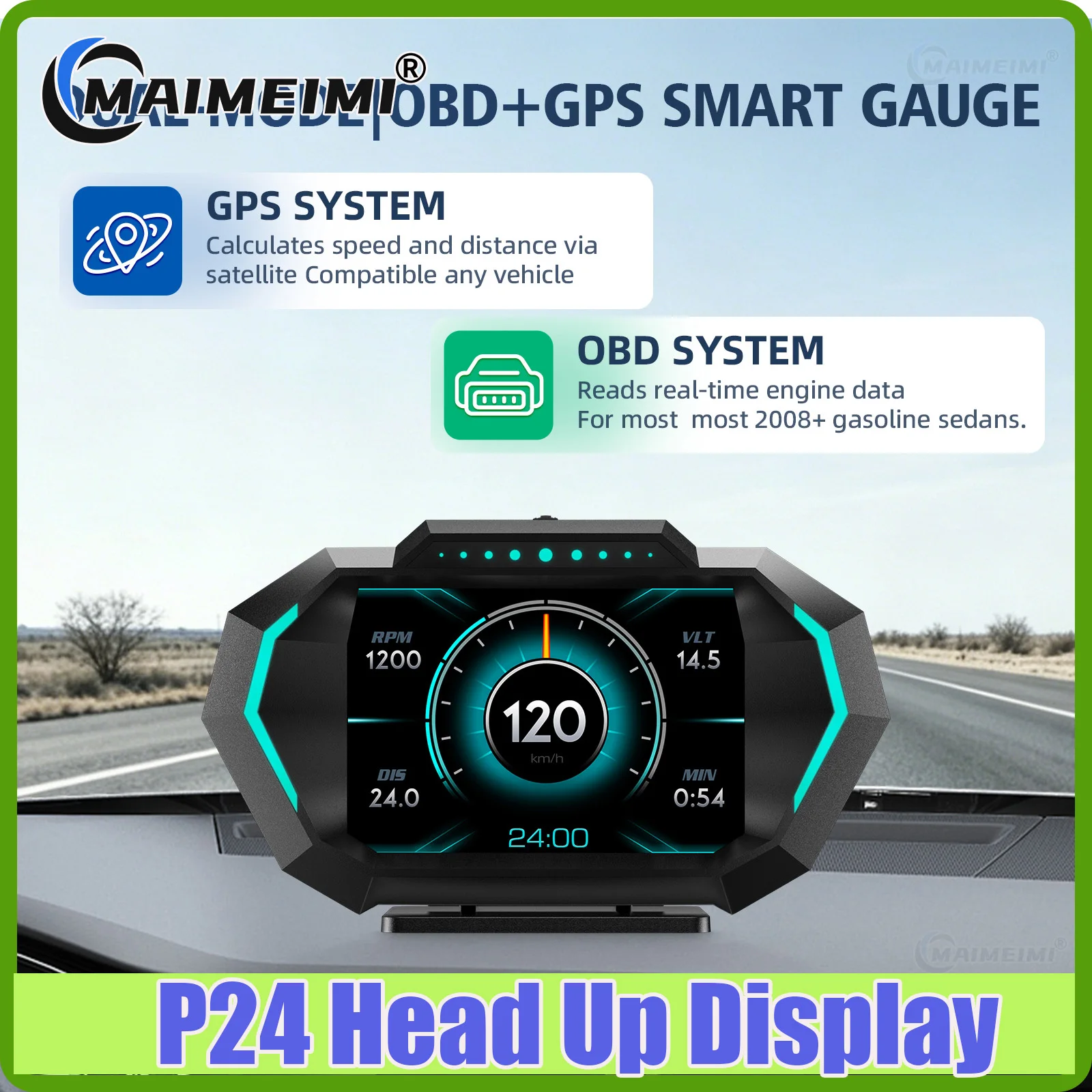 P24 Car OBD Head Up Display OBD + GPS HUD on Board Computer Speedometer RPM Time Voltage Mileage Air Fuel Ratio Turbo Pressure