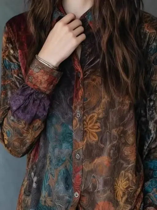 

Винтажная рубашка с принтом для женщин, модные рубашки с отложным воротником и пуговицами с длинными рукавами, топы, женская праздничная уличная одежда в стиле бохо, новинка