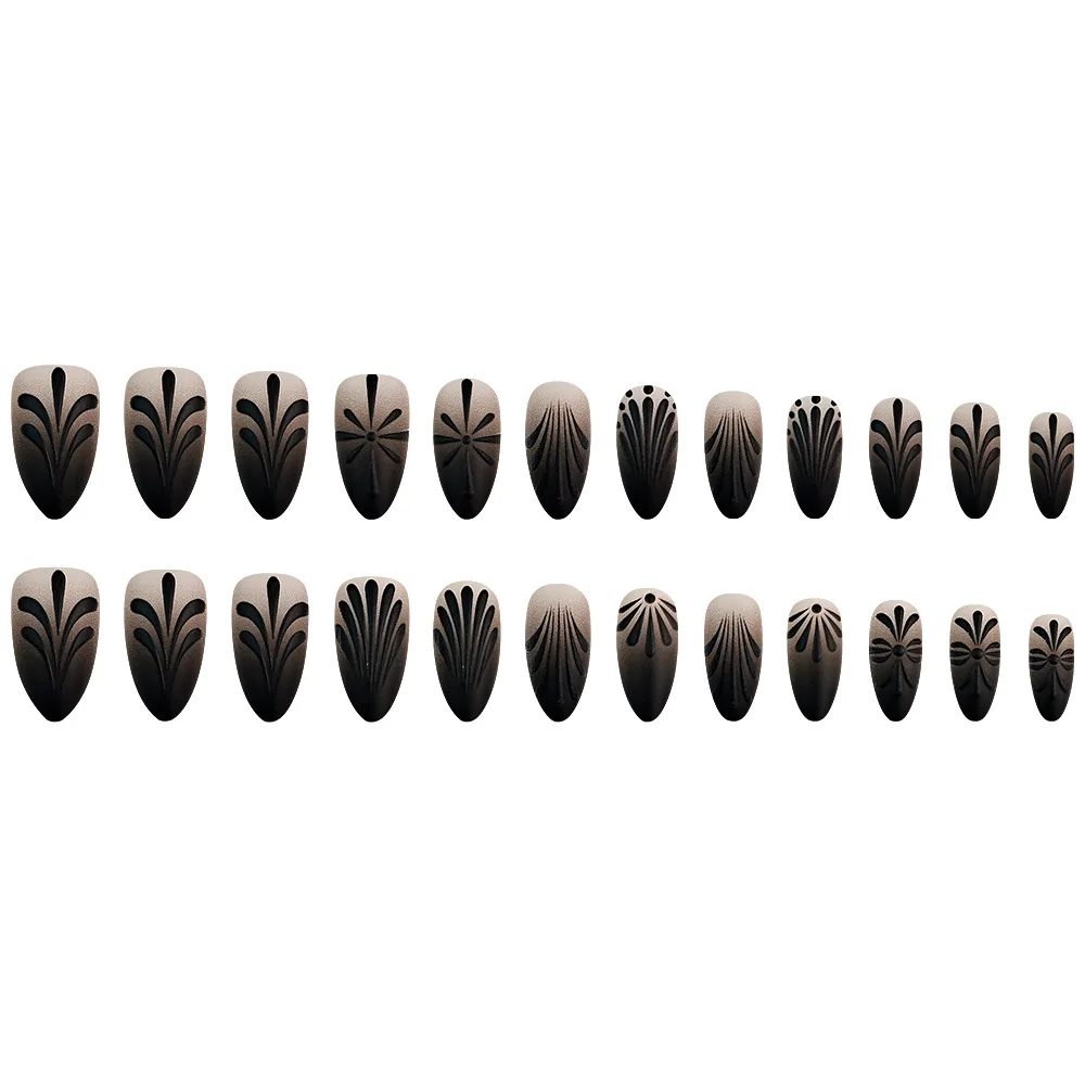 24pcs Matte Black Fake Nails Sweet Cool Spice Girls Style Press on Nails Wearable Detachable European Almond Shaped False Nails