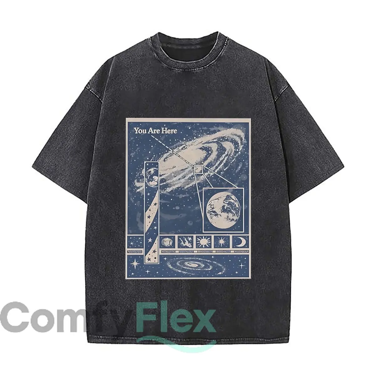 You Are Here Retro Space Galaxy Wall Art Poster Washed Vintage Short Sleeve Loose Streetwear Tee