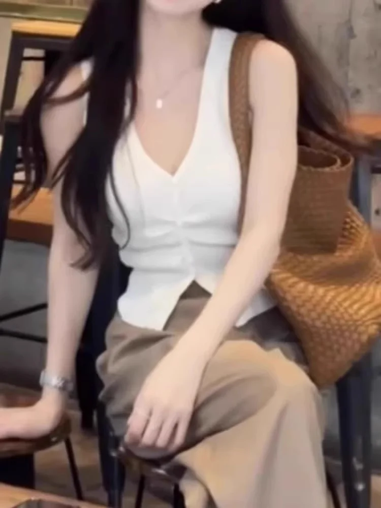 Ele Bla V-Ne Ice Silk gebreide tanktop Dames winterontwerp Slim Fit ort Svel T-shirt bovenlichaam