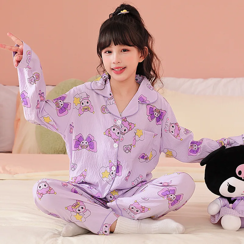 Sanrios Child Pajamas Girl Long Sleeves Pure Cotton Spring Autumn Kawaii Cartoon Cartoon Sweet Girl Cartoon Lounge Clothes Suit