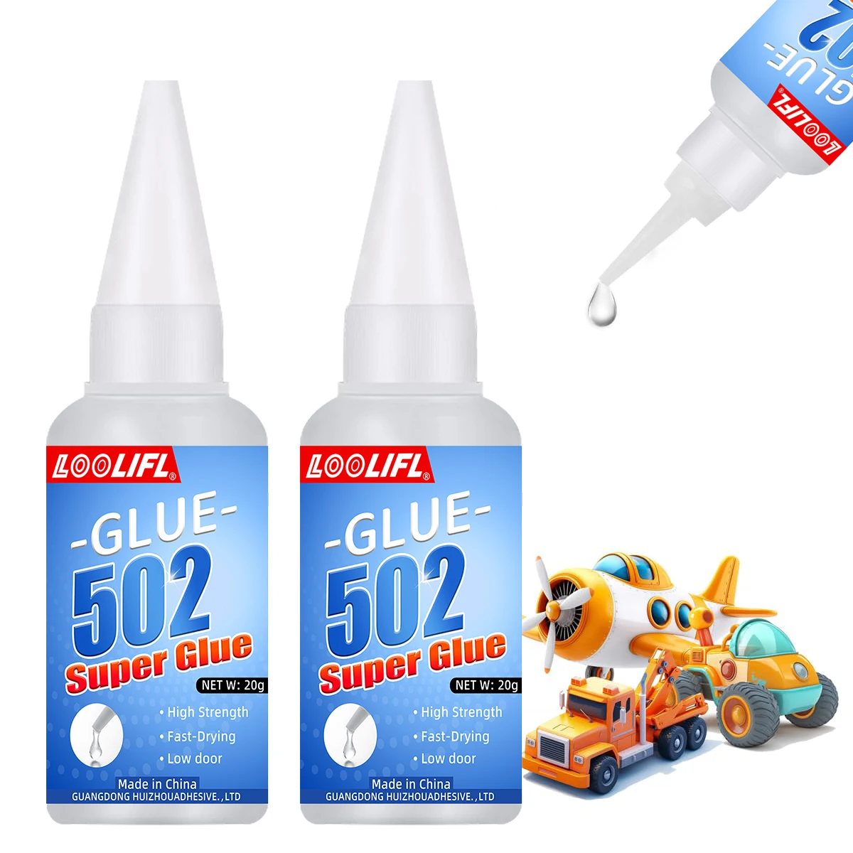 Loolifl 502 Strong Adhesive, 20G/Bottle, Instant-Drying Cyanoacrylate Adhesive, Fast-Drying and High-Viscosity, Suitable for Plastic Toy Repair, DIY Crafts, Metal, Rubber, Wood, Ceramics, Multi-Purpose Liquid Glue