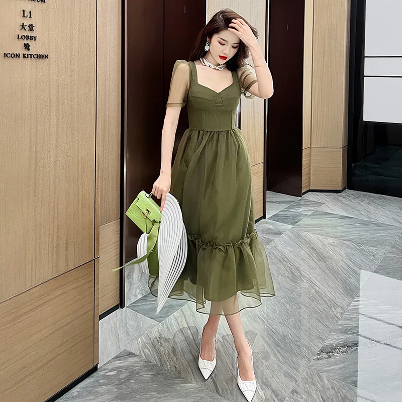 Letnia Nowa Damska Sukienka z Organzy w Stylu Mori, z Delikatnym Temperamentem, z Marszczeniem w Talii i Efektem Puszystości, Sukienka Lisianthus