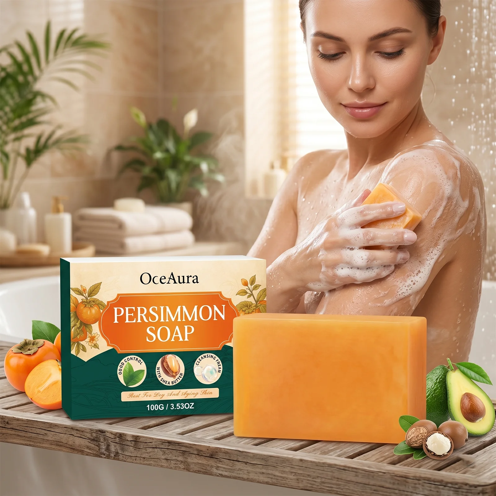Natural Persimmon Fruit Soap Gentle Nourishing Barrier Protection Anti Dryness Body Wash Deep Hydration Lock Stabilizing 100g