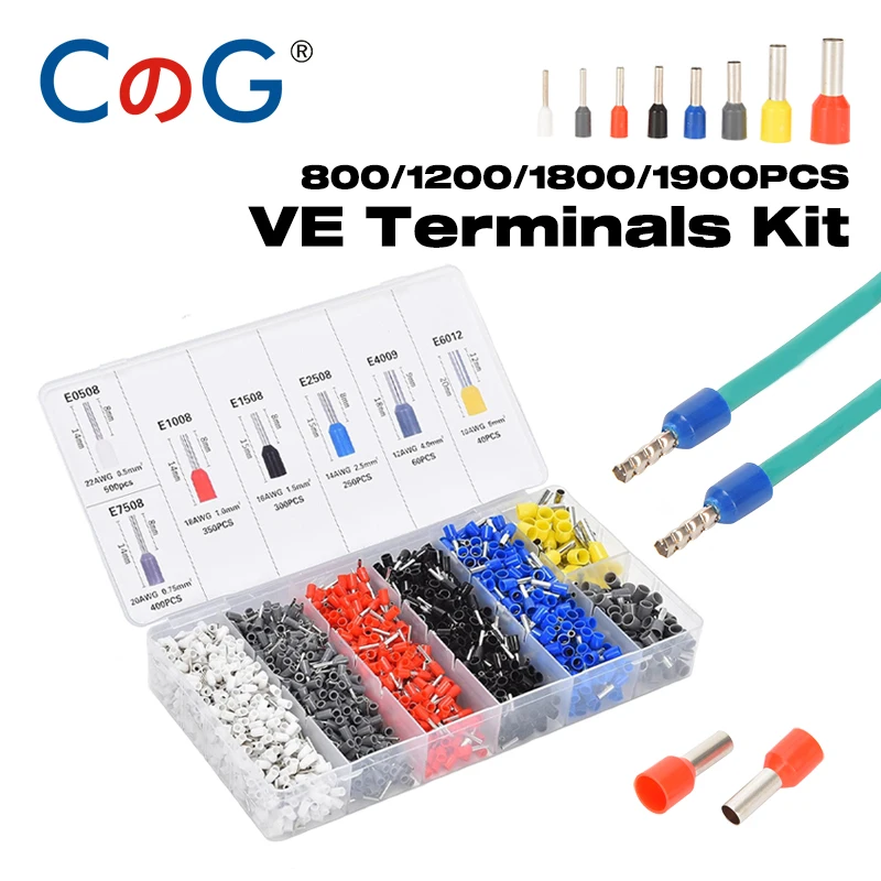 22-7AWG 800/1200/1800/1900PCS Boxed Insulated Ferrules Sleeves Terminal Wire Connector VE Tubular Crimp Terminals Kit