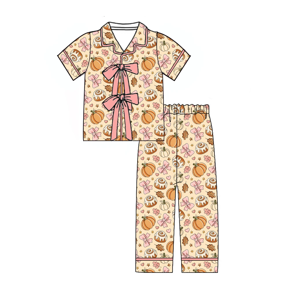 Thanksgiving boutique children's pajama set collared short-sleeved shirt and pants 2 bow decorations cake and pumpkin print