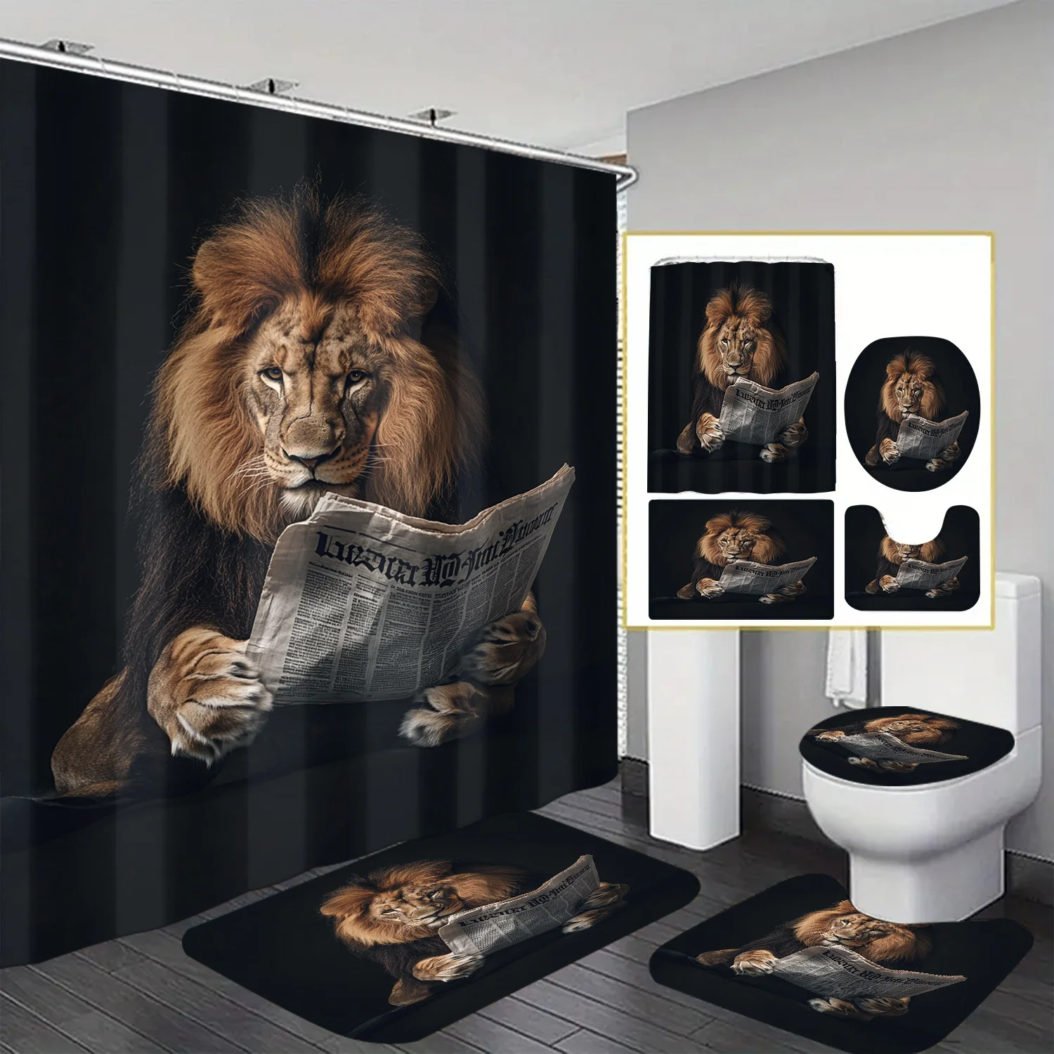 

4pcs Lion Theme Shower Curtain 12 Hooks Suitable for Room Home Hotel Machine Washable Window Curtains Bathroom