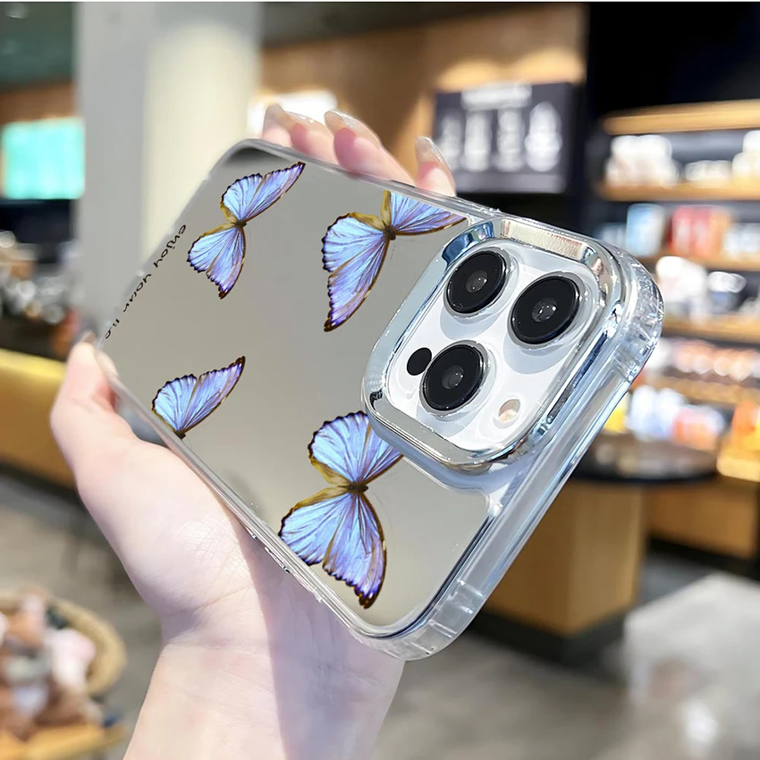 Plated Lens Ring Phone Case For Iphone 16 15 14 17 13 Pro 12 11 Max Plus 16Pro Mirror Phone Case Painted Butterfly 15Pro Cover