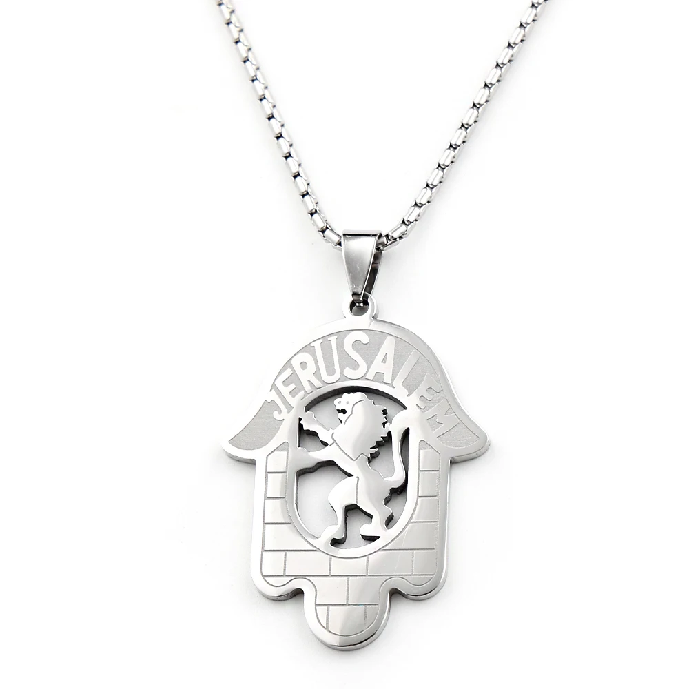 Judaism Jerusalem Jewish Hamsa Hand Stainless Steel Pendant Necklaces for Women Men Gold Color Lion of Judah Amulet Jewelry