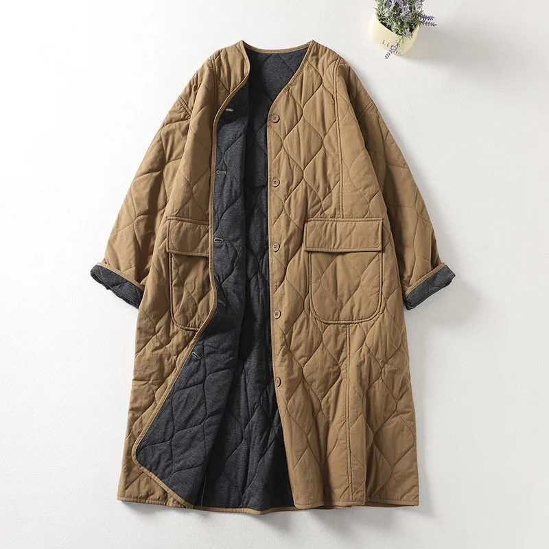 Oversized Vintage Cardigan Robe Women Jacket Double Pocket Casual Loose Quilted Cotton Coats Single Breasted Autumn Outerwears