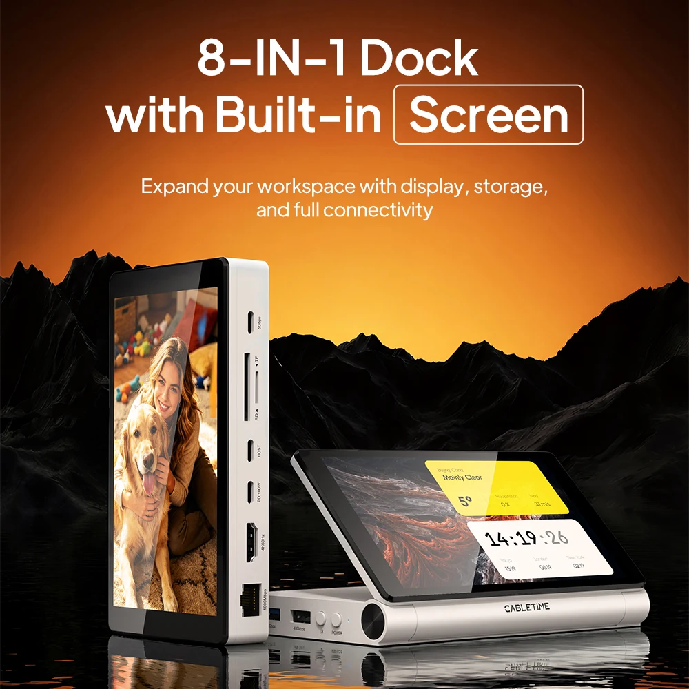 CABLETIME USB C Dock with Screen 5.5inch 720P Foldable Screen 5Gbps 4K@60Hz for Mac & Windows Laptop Monitor 8 IN 1 Dock Station