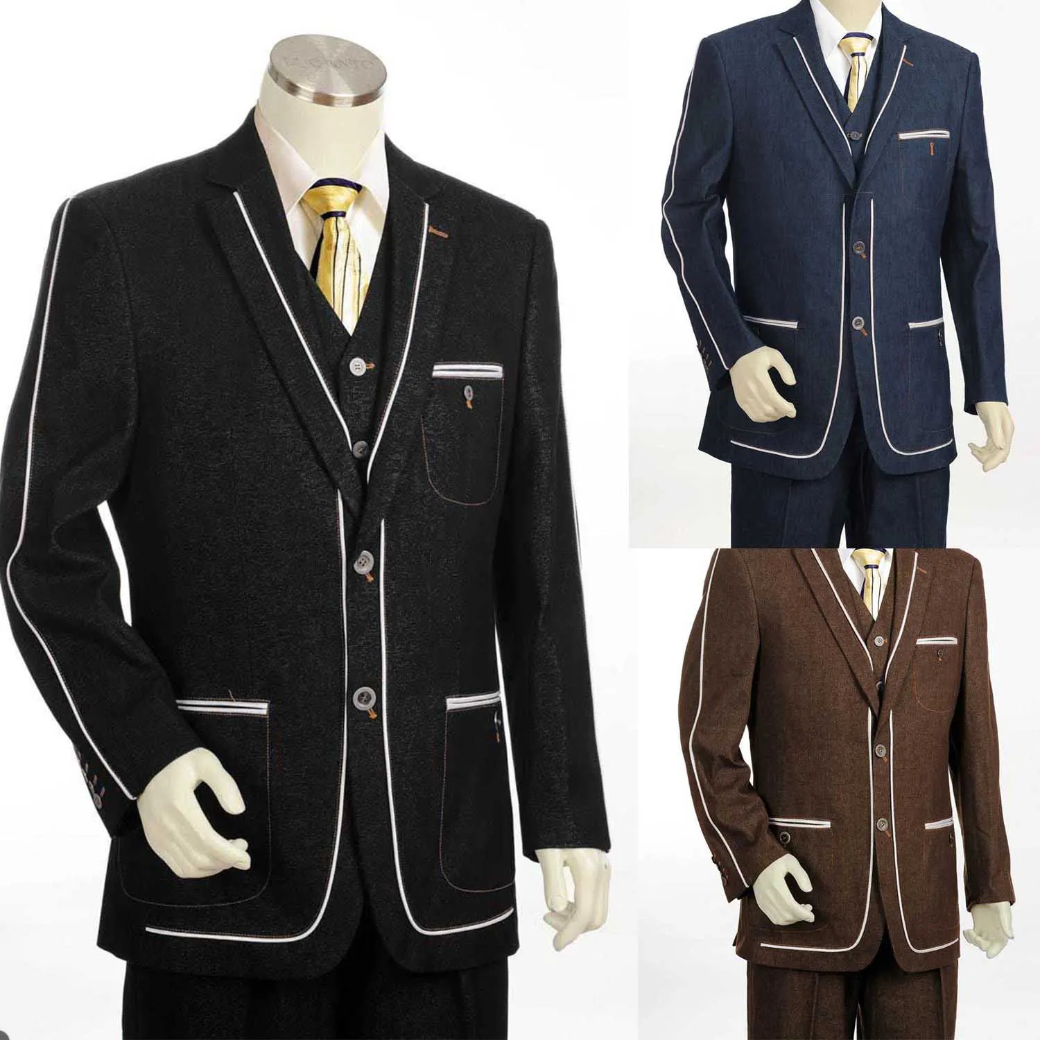 

Modern 3 Pieces Men Suits Tuxedo Notched Lapel Custom Size White Fringe Stripe Single Breasted 3 Pockets Blazer+Vest+Pant