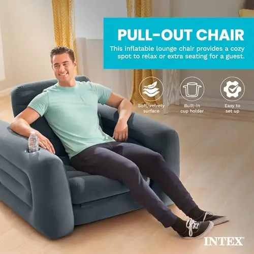 2 in 1 Inflatable Pull Out Sofa Chair and Twin Air Bed Mattress with Cup Holders for Indoor and Outdoor Use for Adults