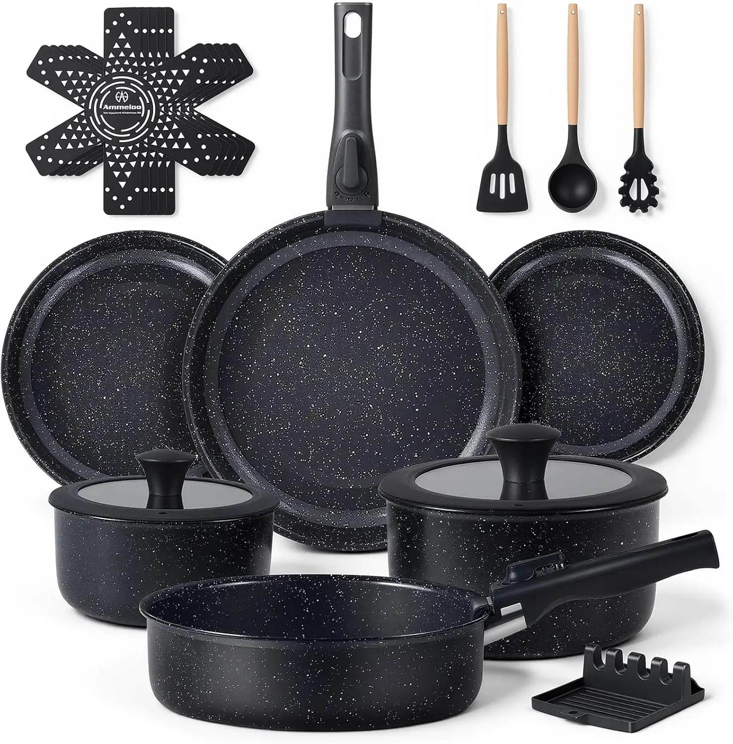

21-Piece Nonstick Pots and Pans Set, Ceramic Kitchen Cookware with Detachable Handle, Induction Ready, Dishwasher & Oven Safe, Black