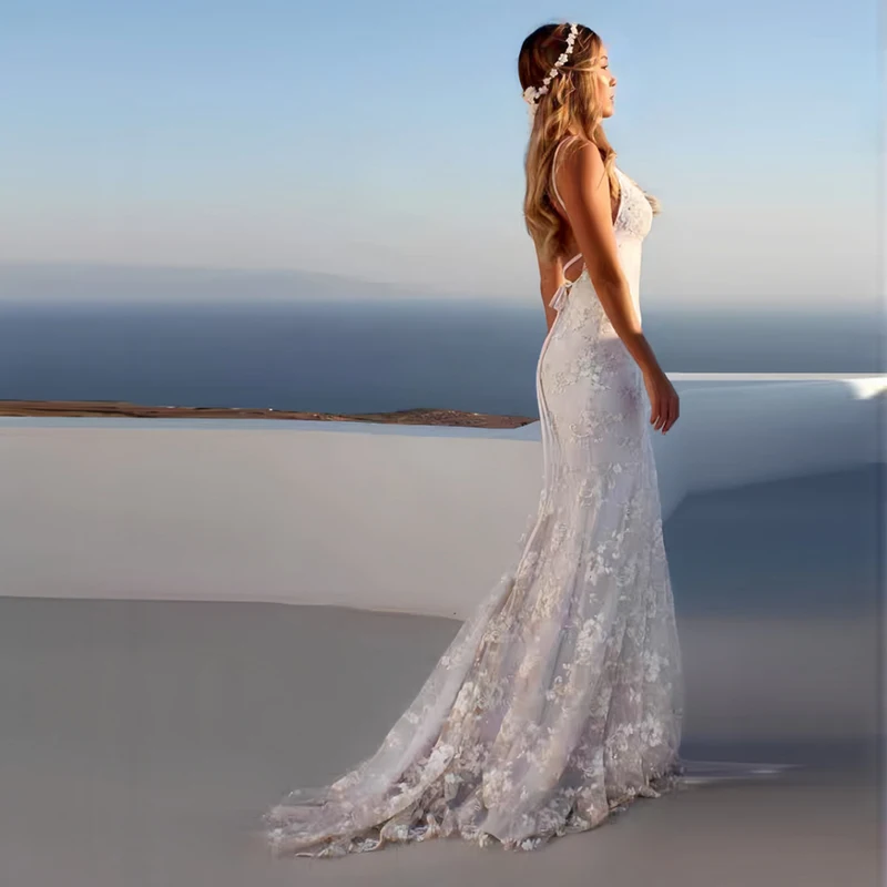 Elegant Lace Camisole Fishtail Fashionable Wedding Dress Sexy Deep V-strap Backless Outdoor Lawn Wedding Theme Custom Dress