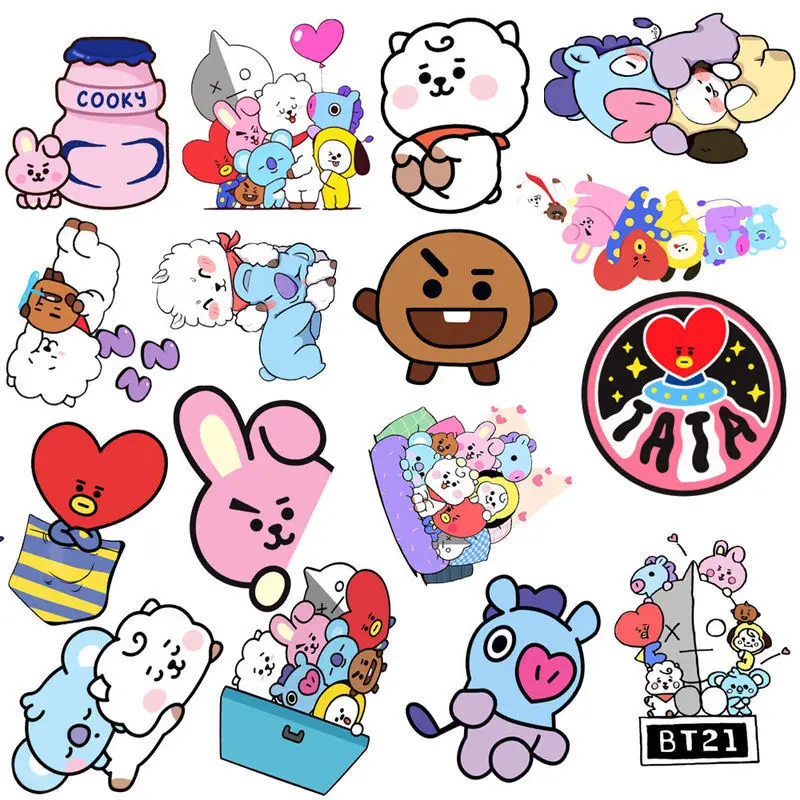 New Bt21 Stickers Waterproof Stickers Kawaii Anime Luggage Car Fridge Helmet Stickers Cute Cartoon Stickers 50Pcs/set