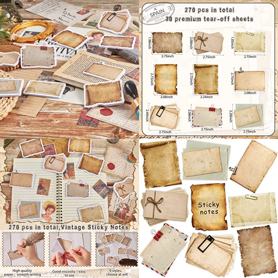

270 Sheets Vintage Sticky Note Pads with Antique Look for Scrapbook Planning Journaling and Retro Crafts Decoration Classic Old