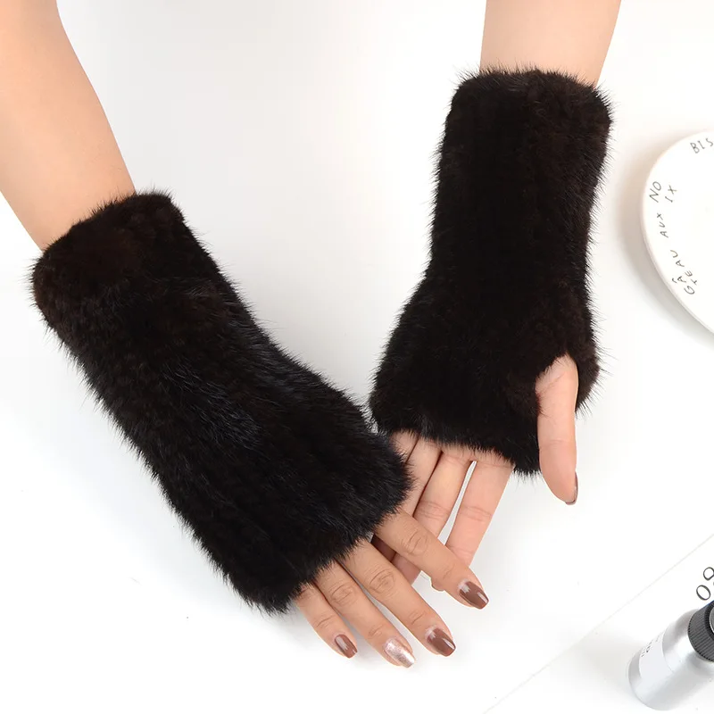 2024 New Brand Style Top Quality Women\'s 100% Winter Warm Real Mink Fur Knitted Half Finger Gloves Girls Typing Mittens